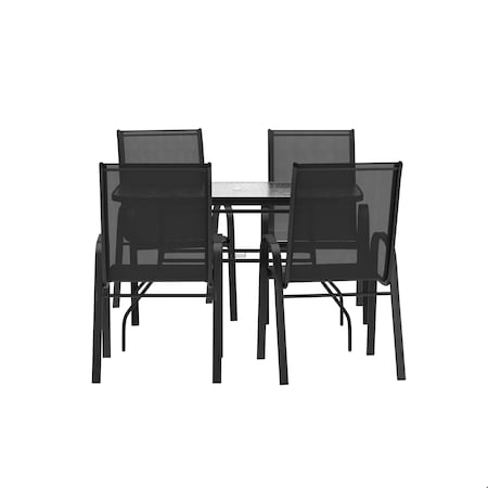 Flash Furniture Brazos 5 Piece Patio Set w/Tempered Glass Patio Table w/4 Chairs w/Black Material Seats and Backs FV-120B-303C-GG